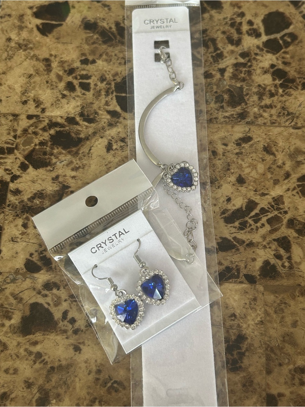 Crystal Jewelry Blue Heart Pendant Bracelet and Earrings Set (Two sets)